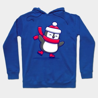 Cute Penguin Ice skating With Scarf Cartoon Hoodie